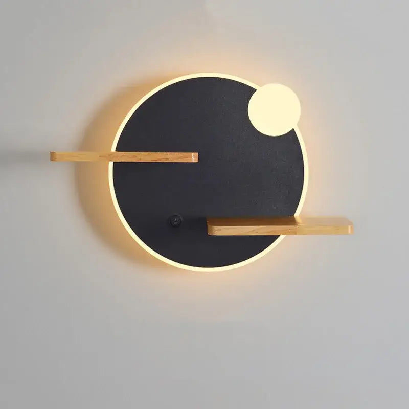 Modern hexagonal wood led bedside shelf wall lamp with black circular sconce and warm led lighting for decorbites led bedside