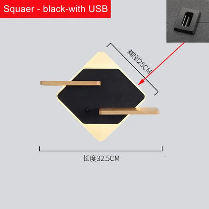 Modern hexagonal wood led bedside shelf wall lamp in black matte finish with light wood bars and usb charger port on back