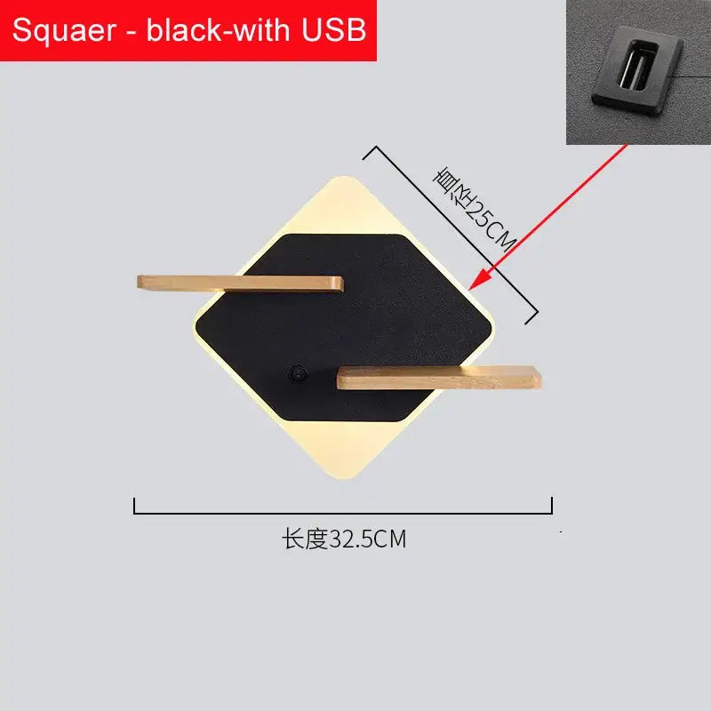 Modern hexagonal wood led bedside shelf wall lamp in black matte finish with light wood bars and usb charger port on back