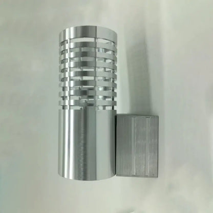 Modern hollow design silver cylindrical led wall mounted outdoor sconce with horizontal slats and matching base