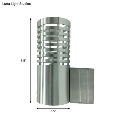 Modern hollow design silver led wall mounted outdoor sconce with cylindrical shape and brushed metal finish