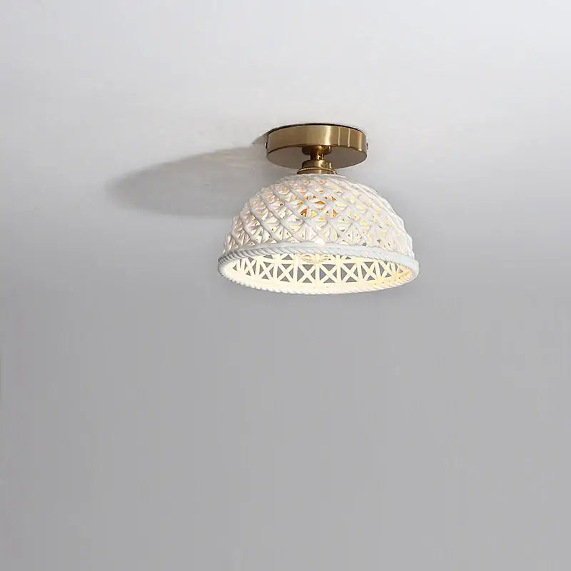 Modern hollow white and gold ceramic led ceiling light with woven pendant design and metal base for living room decorbites ceramic led ceiling