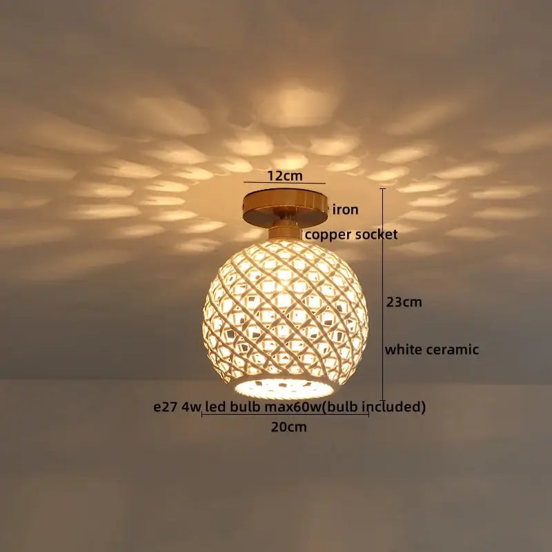Modern hollow white and gold ceramic led ceiling lights featuring a spherical lattice design with iron copper socket