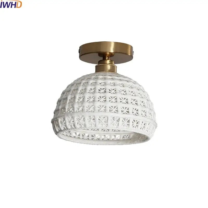 Modern hollow white and gold ceramic led ceiling light with intricate geometric cutouts for living room decorbites ceramic led ceiling lights