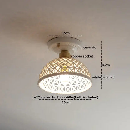 Modern hollow white and gold ceramic led ceiling light with geometric lattice design and copper socket for living room decorbites ceramic led ceiling
