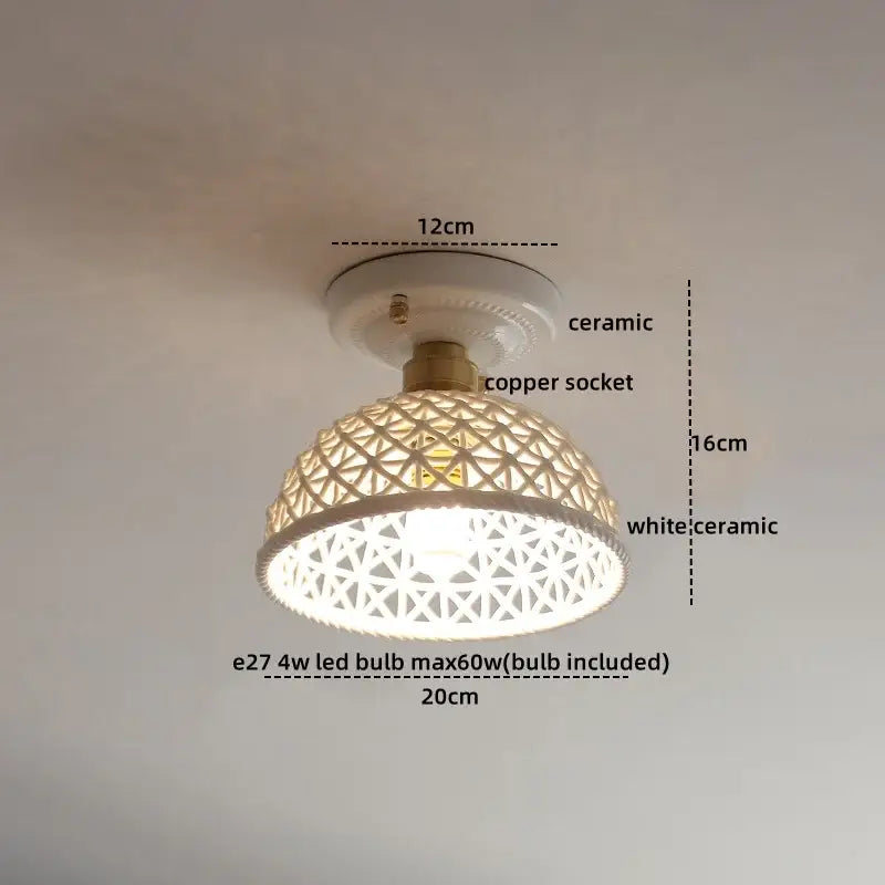 Modern hollow white and gold ceramic led ceiling light with geometric lattice design and copper socket for living room decorbites ceramic led ceiling