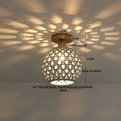 Modern hollow blue and copper decorbites ceramic led ceiling light with intricate lattice design casting geometric shadows