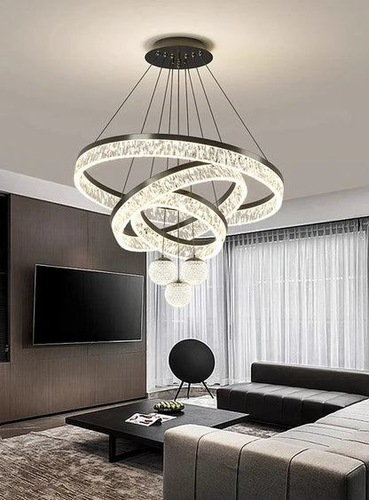 Modern spiral chandelier with clear crystal rings and black metal frame pendant light for living room and dining room decor
