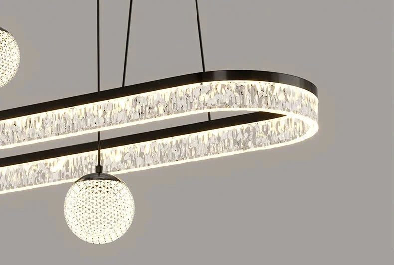 Modern home decor led lights pendant light with black metal frame crystal accents and illuminated band for living room and dining room