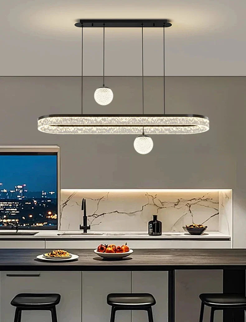 Modern home decor led pendant light with sleek black rectangular frame and crystal accents for living and dining rooms