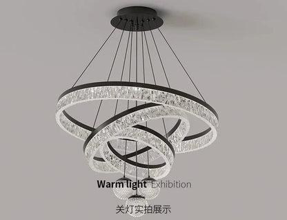 Modern home decor black and clear crystal chandelier with interlocking rings led pendant light for living and dining rooms