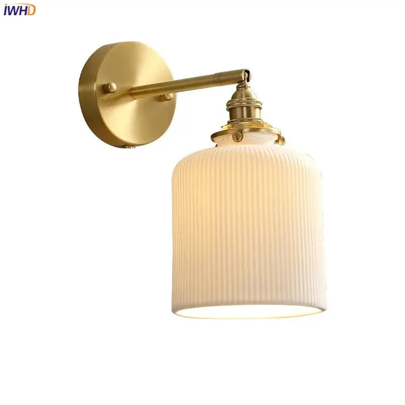 Modern honeycomb brass ceramic led wall sconce with cream vertically ribbed glass shade for bedroom decorbites ceramic led wall