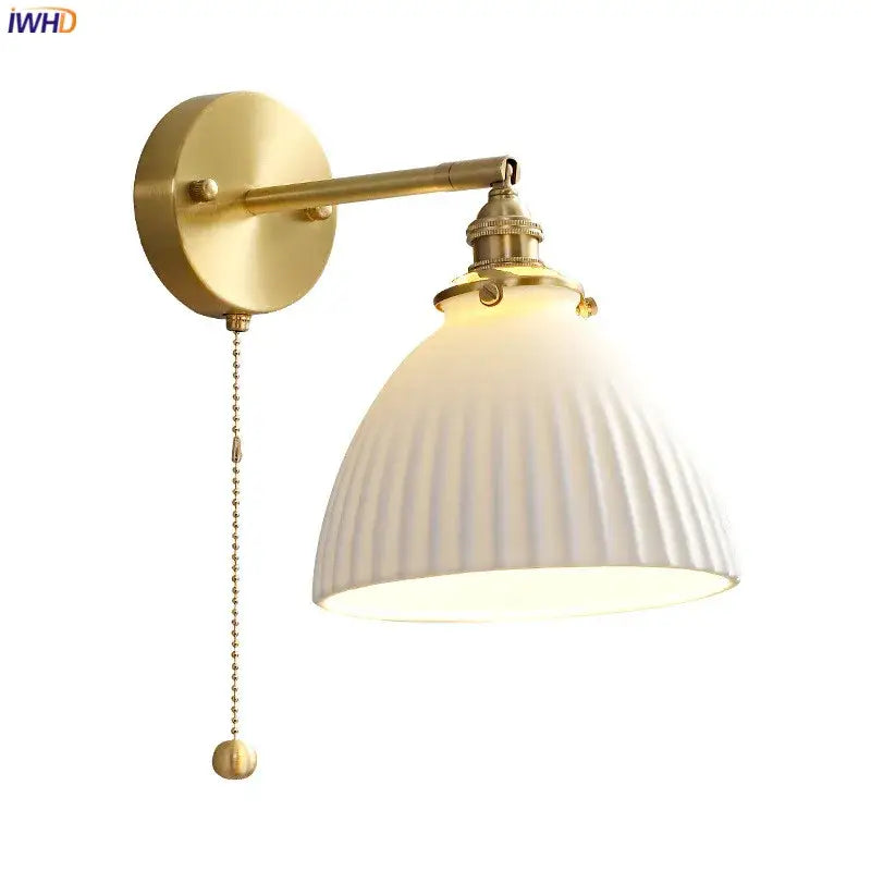 Brass-finished modern honeycomb wall sconce with white ribbed ceramic led shade and pull-chain switch decorbites ceramic led wall