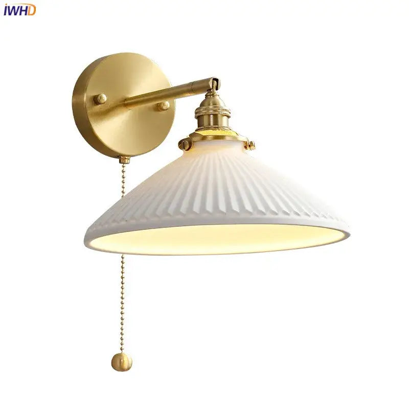 Modern honeycomb brass ceramic led wall sconce with gold finish white ribbed glass shade and pull-chain switch decorbites ceramic led