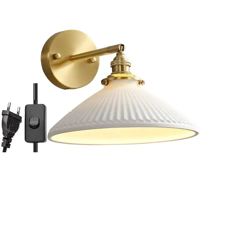 Modern honeycomb brass ceramic led wall sconce with gold-toned mount and white ribbed glass shade for bedroom decorbites ceramic led wall