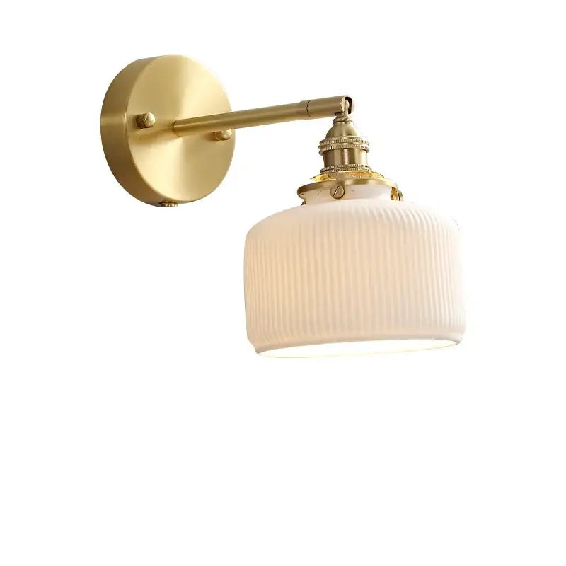 Modern honeycomb brass ceramic led wall sconce with brushed brass finish and off-white ribbed glass shade for bedroom decorbites ceramic led wall