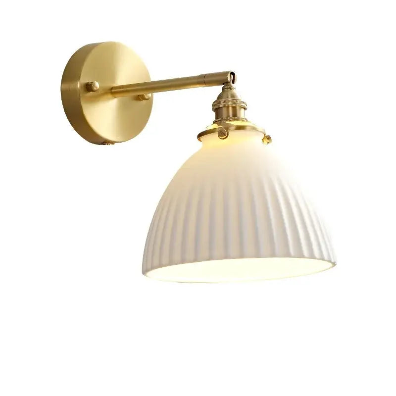 Modern honeycomb brass ceramic led wall sconce with brass arm and off-white ribbed decorbites ceramic led shade