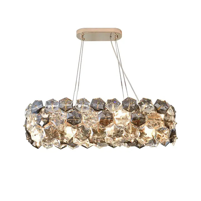 Modern honeycomb crystal wrought iron chandelier with faceted iridescent crystals and sleek metallic ceiling mount