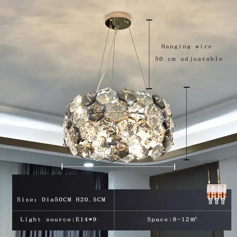 Modern honeycomb crystal wrought iron chandelier with spherical clear and gold-toned glass decorbites crystal wrought design