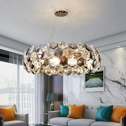 Modern honeycomb crystal wrought iron chandelier with faceted crystals in a circular design for dining room decorbites crystal wrought iron