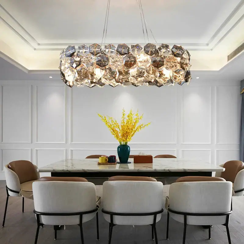 A modern honeycomb crystal wrought iron chandelier with clear and amber faceted crystals for dining room decorbites crystal wrought lighting
