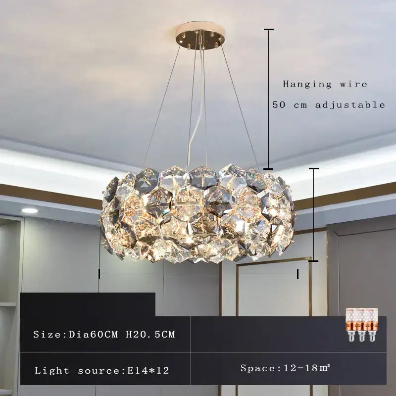 Modern honeycomb crystal wrought iron chandelier with circular faceted clear glass layers and adjustable metallic wires for dining room decorbites crystal wrought iron design