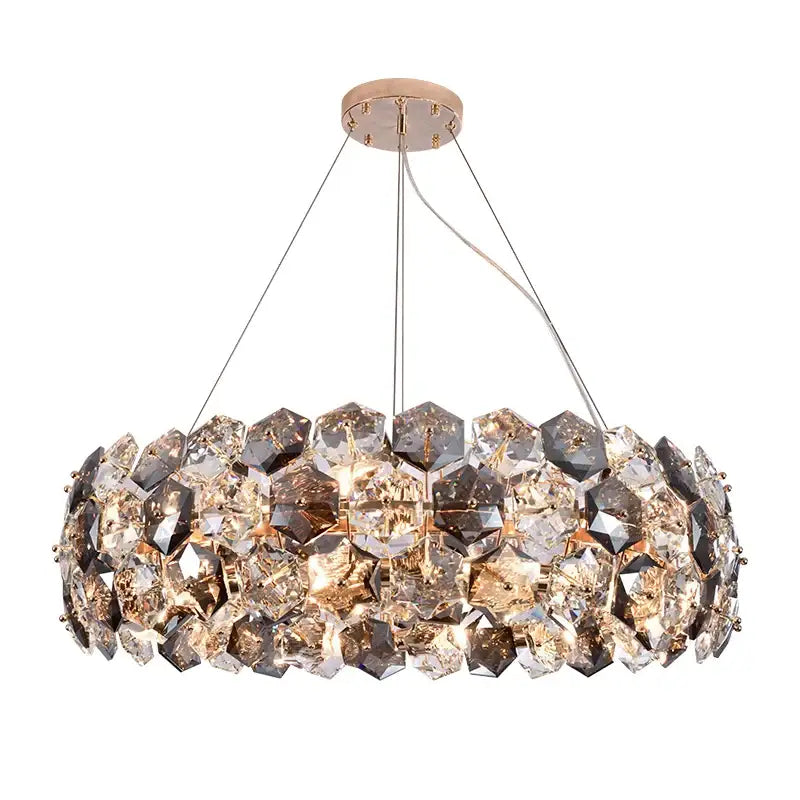Modern honeycomb decorbites crystal wrought iron chandelier features faceted clear and smoky crystals with rose gold mount
