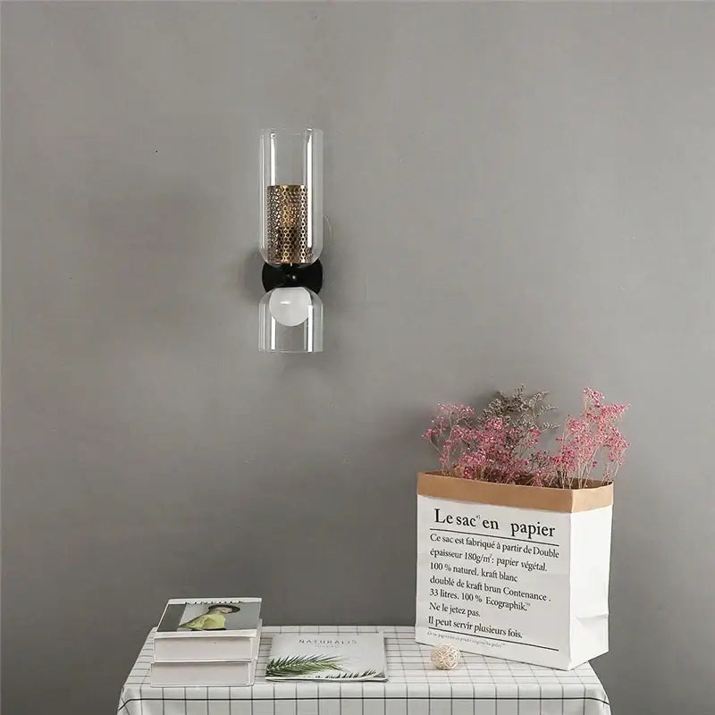 Modern honeycomb glass double headed led wall lamp with clear glass cylinders and black metal base for wall decorbites double headed use