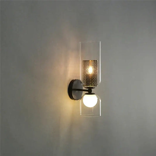 Modern honeycomb glass double headed led wall lamp with black metal base and clear glass shades for bedroom decorbites double headed design