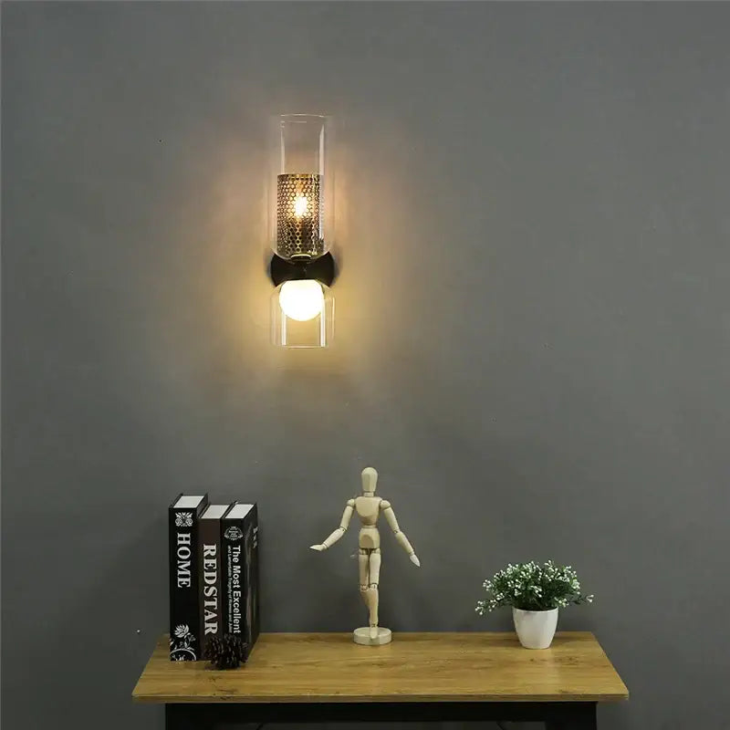 Modern honeycomb glass double headed led wall lamp with clear glass and brass mesh design for elegant bedroom decorbites lighting