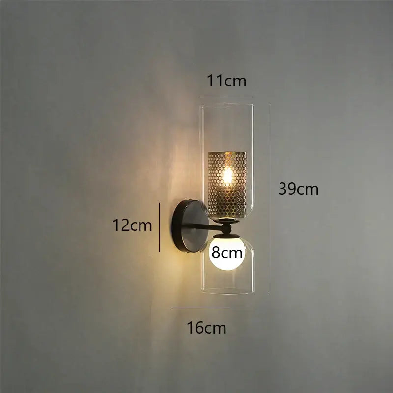 Modern honeycomb glass double headed led wall lamp with black metal base and clear glass shades by decorbites