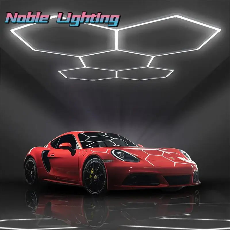 Red porsche sports car with glossy finish and black honeycomb accents featured alongside modern honeycomb hexagon led ceiling light decorbites hexagon led