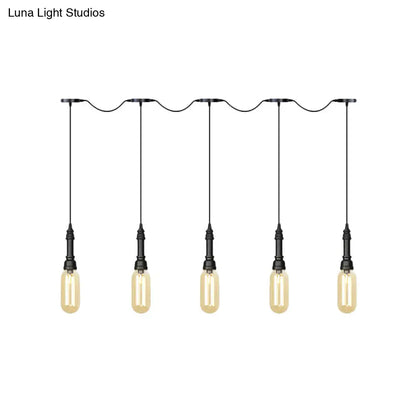 Modern Industrial Amber Glass Chandelier with LED Lights - Black Finish, Tandem Hanging Ceiling Lamp