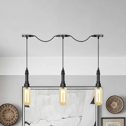 Modern Industrial Amber Glass Chandelier with LED Lights - Black Finish, Tandem Hanging Ceiling Lamp