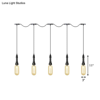 Modern Industrial Amber Glass Chandelier with LED Lights - Black Finish, Tandem Hanging Ceiling Lamp