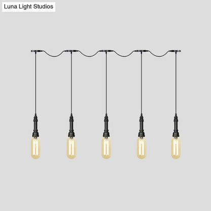 Modern Industrial Amber Glass Chandelier with LED Lights - Black Finish, Tandem Hanging Ceiling Lamp