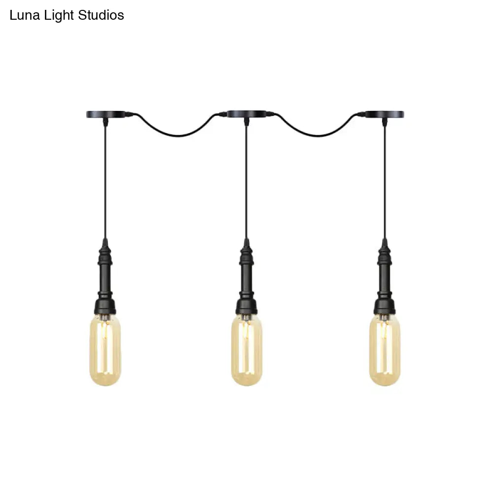 Modern Industrial Amber Glass Chandelier with LED Lights - Black Finish, Tandem Hanging Ceiling Lamp