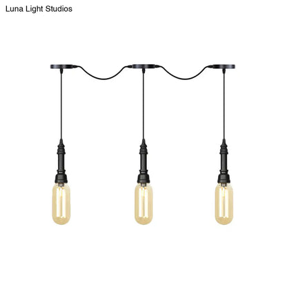 Modern Industrial Amber Glass Chandelier with LED Lights - Black Finish, Tandem Hanging Ceiling Lamp