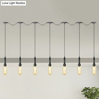 Modern Industrial Amber Glass Chandelier with LED Lights - Black Finish, Tandem Hanging Ceiling Lamp