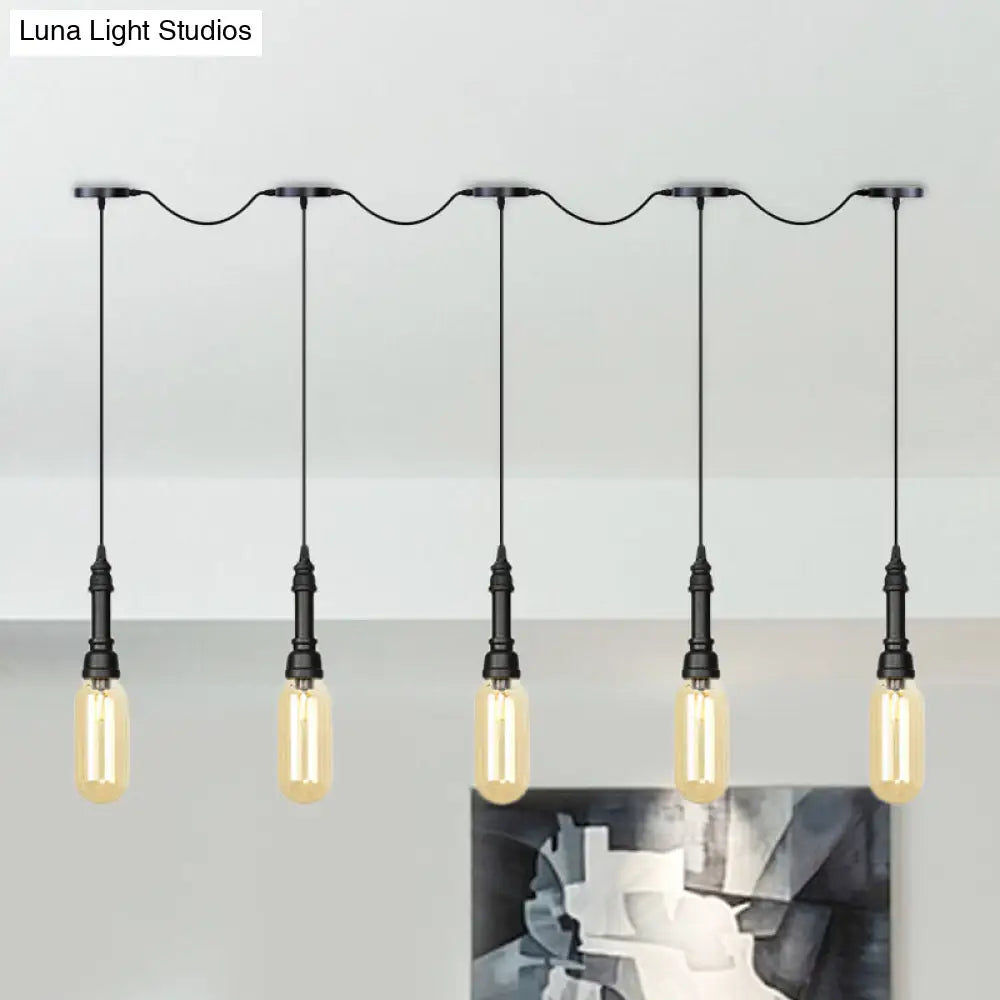 Modern Industrial Amber Glass Chandelier with LED Lights - Black Finish, Tandem Hanging Ceiling Lamp