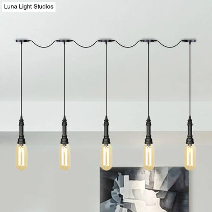 Modern Industrial Amber Glass Chandelier with LED Lights - Black Finish, Tandem Hanging Ceiling Lamp