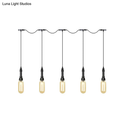 Modern Industrial Amber Glass Chandelier with LED Lights - Black Finish, Tandem Hanging Ceiling Lamp