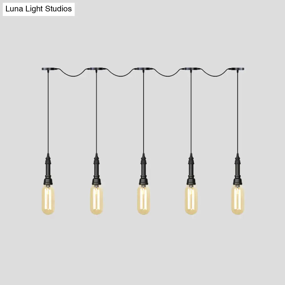 Modern Industrial Amber Glass Chandelier with LED Lights - Black Finish, Tandem Hanging Ceiling Lamp