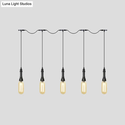 Modern Industrial Amber Glass Chandelier with LED Lights - Black Finish, Tandem Hanging Ceiling Lamp