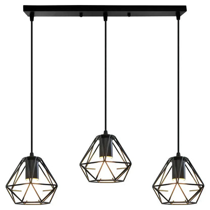 Modern industrial black cage pendant light with three geometric diamond-shaped metal cages ideal for dining room decorbites cage pendant