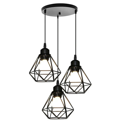 Modern industrial black metal cage pendant light with three diamond-shaped shades for dining room decorbites cage pendant