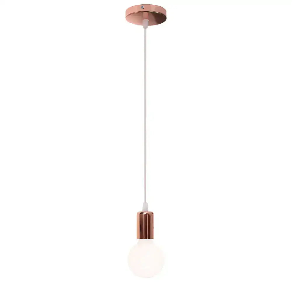 Modern industrial cage pendant light with rose gold metal fixture white cord and frosted glass bulb decorbites cage pendant
