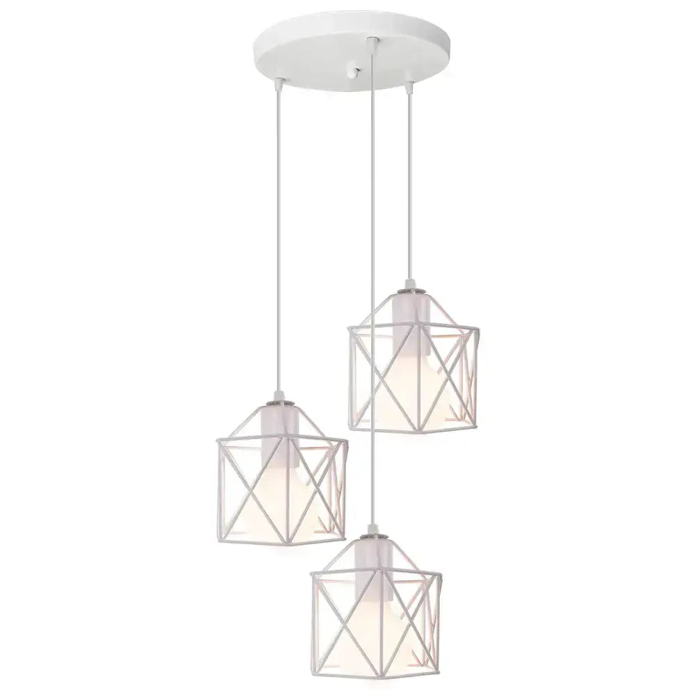 White geometric decorbites cage pendant light with three hanging shades for modern industrial dining room decor