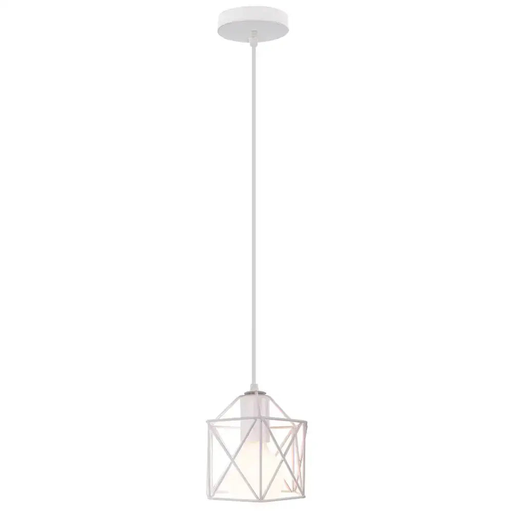 White geometric decorbites cage pendant light with minimalist metal frame and frosted glass shade for dining room decor