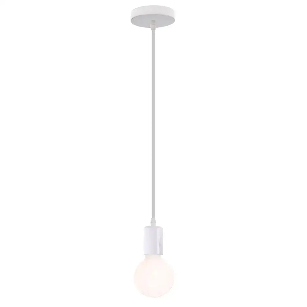 White pendant light with minimalist round ceiling mount and exposed bulb featured in modern decorbites cage pendant light design